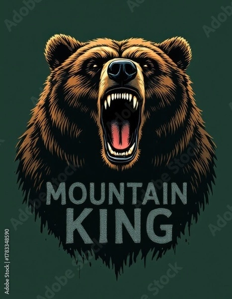 Obraz Fierce roaring grizzly bear head illustration with Mountain King text, vector style mascot design on green background.