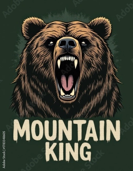 Obraz Fierce roaring grizzly bear head illustration with Mountain King text, vector style mascot design on green background.
