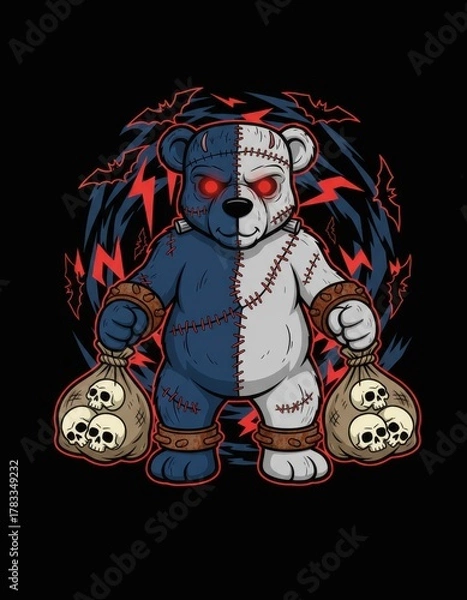 Obraz Fierce polar bear bandit character wearing a cowboy hat, holding bags of gold and dynamite with wanted posters in the background.