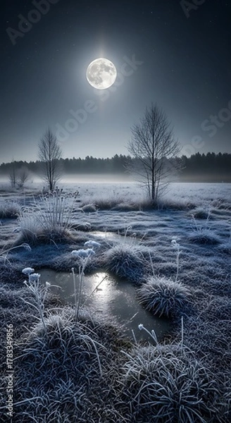 Fototapeta Nighttime landscape featuring full moon over frosted field and trees