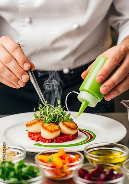 Fototapeta Overhead shot of hands cutting red bell pepper on wooden board surrounded by spices, herbs, garlic, and tomatoes, creating a vibrant and colorful culinary scene
