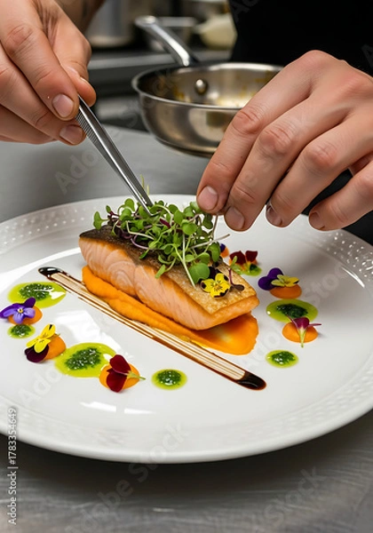 Fototapeta Overhead shot of hands cutting red bell pepper on wooden board surrounded by spices, herbs, garlic, and tomatoes, creating a vibrant and colorful culinary scene
