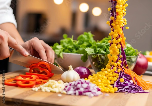 Fototapeta Overhead shot of hands cutting red bell pepper on wooden board surrounded by spices, herbs, garlic, and tomatoes, creating a vibrant and colorful culinary scene

