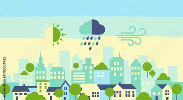 Obraz Cityscape weather illustration depicting sun, rain, and wind, a weather forecast.