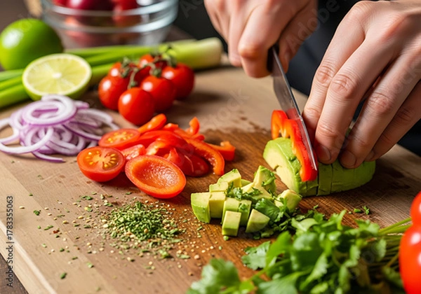 Fototapeta Overhead shot of hands cutting red bell pepper on wooden board surrounded by spices, herbs, garlic, and tomatoes, creating a vibrant and colorful culinary scene
