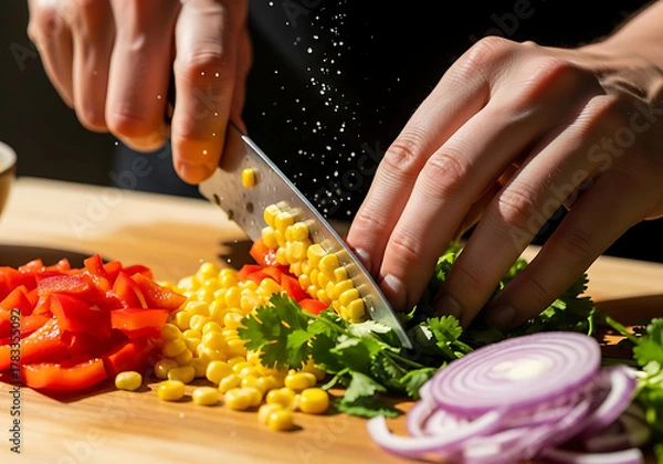 Fototapeta Overhead shot of hands cutting red bell pepper on wooden board surrounded by spices, herbs, garlic, and tomatoes, creating a vibrant and colorful culinary scene
