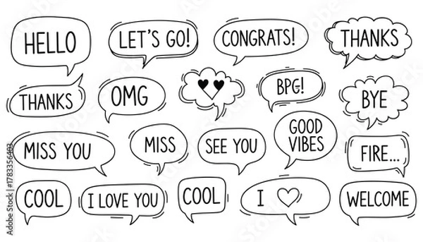 Obraz Hand Drawn Speech Bubbles with Phrases doodle text Vector