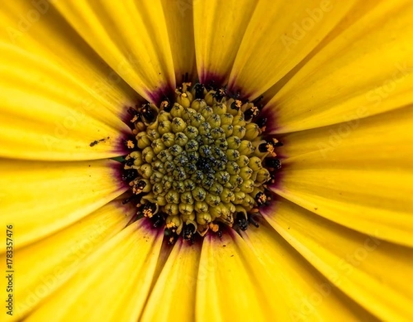 Fototapeta Close-up view of a vibrant yellow flower with a dark center. The petals are radiating outwards