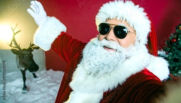 Fototapeta Papá Noel con gafas de sol saludando frente a un reno en ambiente festivo navideño