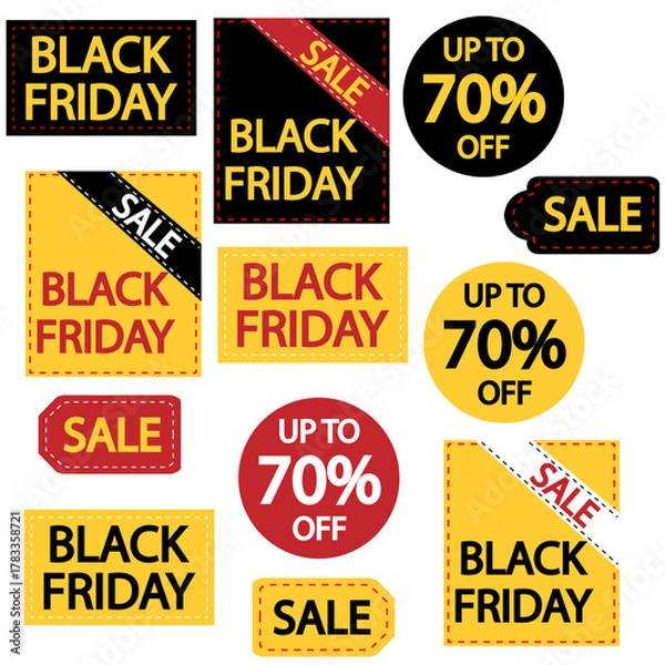 Fototapeta Bold Black Friday sale badges and labels in black, yellow, and red. Round, square, ticket and ribbon styles for web ads, social posts, and print. Editable vector shapes with PNGs.