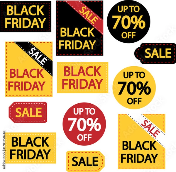 Fototapeta Bold Black Friday sale badges and labels in black, yellow, and red. Round, square, ticket and ribbon styles for web ads, social posts, and print. Editable vector shapes with PNGs.