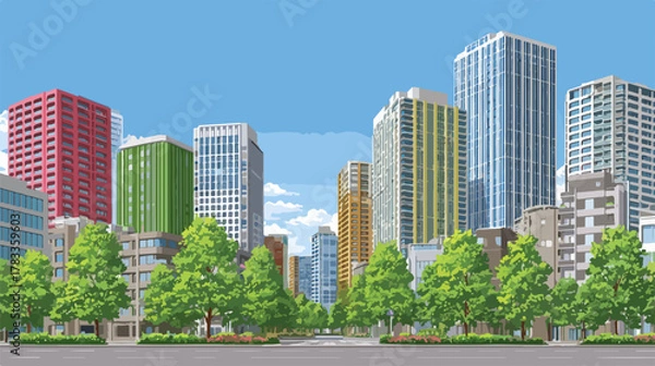 Obraz 緑豊かな並木道が続く都会の街並み、高層ビル群がそびえ立つ風景