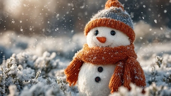Fototapeta A charming snowman warmly dressed for a winter wonderland scene with falling snowflakes, evoking joy and festive spirit