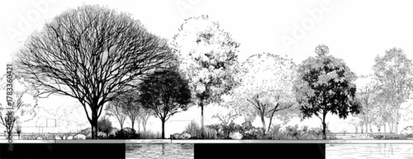 Obraz 白黒の風景ベクターイラストは、自然の美しさをシンプルに表現し、デザインプロジェクトに静けさとエレガンスを加えます。