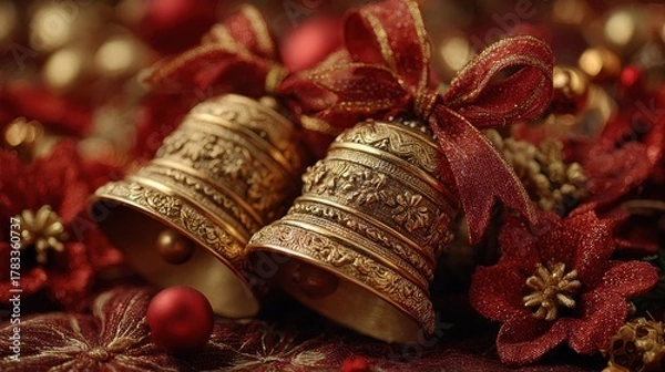 Fototapeta Elegant Christmas bells with festive red bows and ornaments create a warm, inviting holiday atmosphere