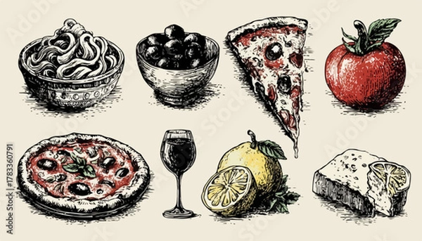 Fototapeta 手描き風のイタリア料理のイラストセットは、ベクターデータで様々な料理のクリエイティブなデザインに活用できます。