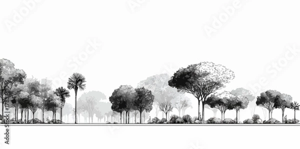 Obraz モノクロの木々が並ぶ風景ベクターイラストは、自然の美しさをシンプルに表現し、デザインに静けさと奥行きを加えます。