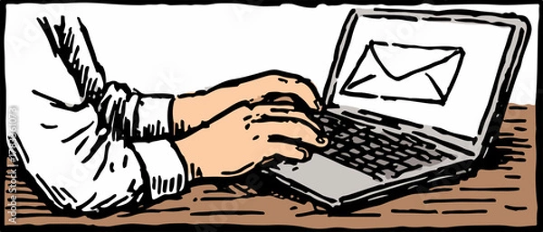 Fototapeta ノートパソコンでメールを送信する人の手元をクローズアップしたベクターイラスト