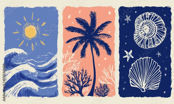 Obraz 夏の海辺の風景、ヤシの木、貝殻、太陽、波、サンゴ、海の生き物、イラスト、ベクター