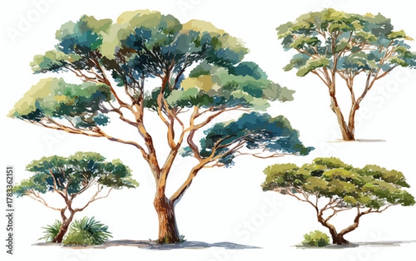 Fototapeta 水彩画で描かれた、さまざまな種類の木が描かれたベクターイラスト。自然、植物、風景、デザイン要素、背景素材として最適です。