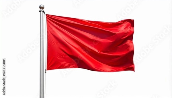 Obraz Solid red flag waving on silver pole against plain white background