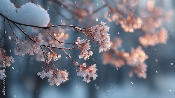 Fototapeta Stunning winter scene of frosted branches with delicate ice crystals and soft bokeh lights, perfect for seasonal designs