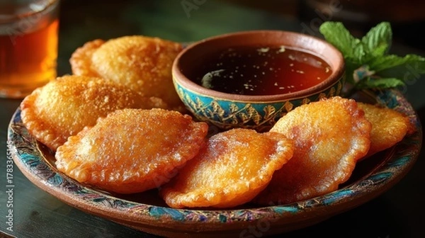 Fototapeta Golden fried pastries with honey and mint, a stunning Middle Eastern dessert perfect for advertising and menus