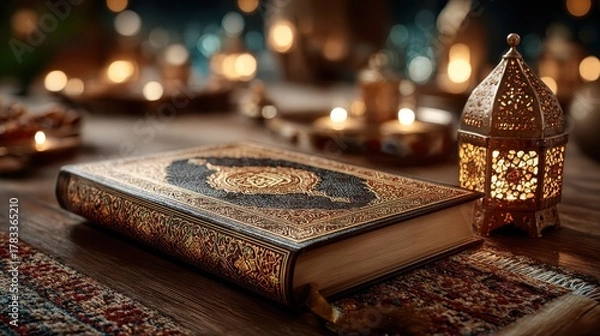 Fototapeta Elegant Islamic Quran with intricate details beside a glowing lantern creating a serene, peaceful ambiance