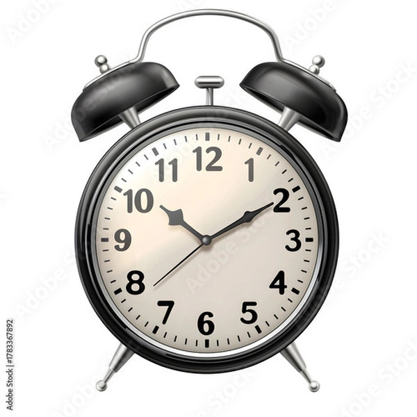 Fototapeta Vintage twin bell alarm clock with striking black metal casing and classic white dial face showing precise time, perfect for retro decor or morning reminders.