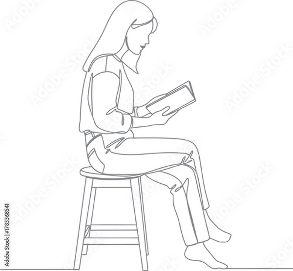 Fototapeta Minimalist line drawing of a woman reading a book on a stool