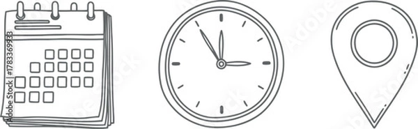 Obraz Hand drawn icons representing calendar time and location