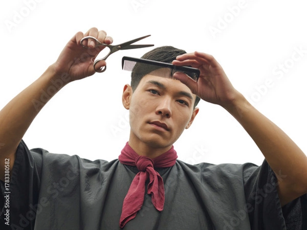 Fototapeta Non-binary barber skillfully cuts hair with scissors and comb representing inclusivity in beauty transparent background