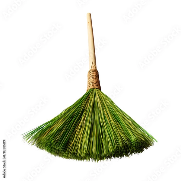 Fototapeta A green broom with a wooden handle on a black background