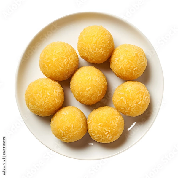 Fototapeta A top down view of eight yellow balls on a white plate