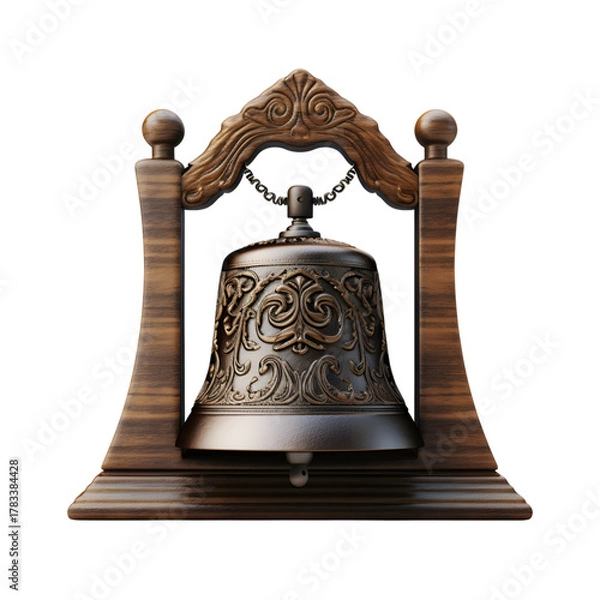 Fototapeta Ornate metal bell with wooden frame on a black background