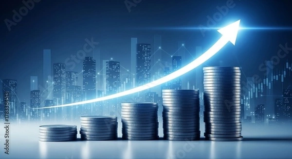 Fototapeta Stacks of coins ascend with glowing arrow symbolizing financial growth against a city skyline