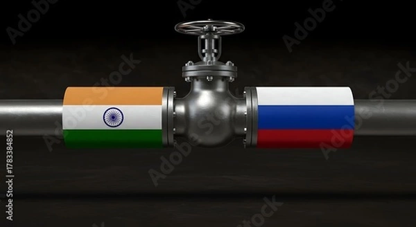 Fototapeta Strategic energy pipeline connecting India and Russia, symbolizing vital international trade relations and resource flow with industrial valve control