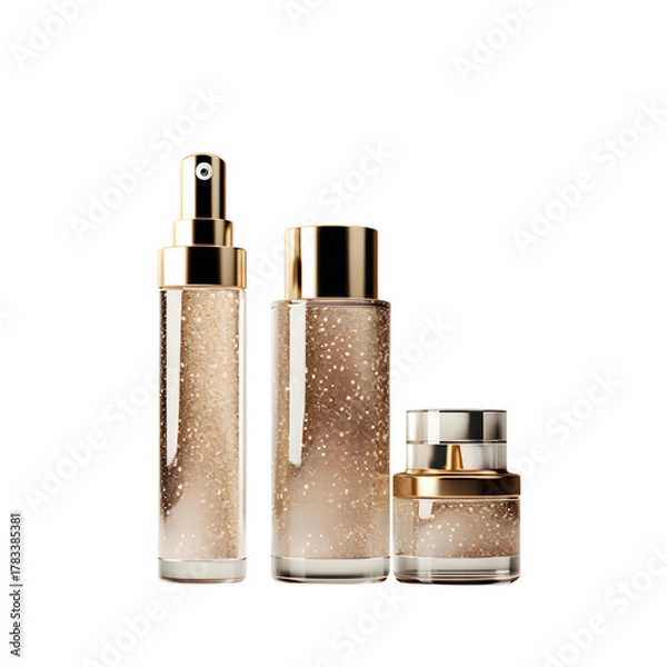 Fototapeta Three cosmetic bottles with gold accents on a black background