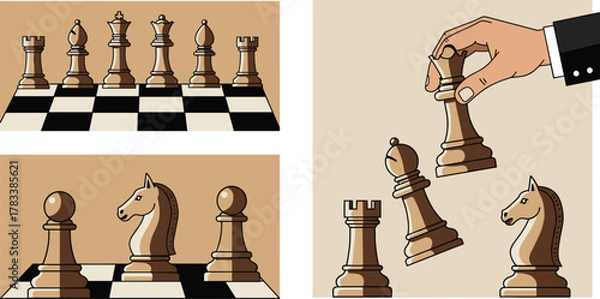 Fototapeta Chess pieces on board, strategic gameplay moment, dramatic checkmate scene, black and brown chess set, classic game, competition, intelligence, focus