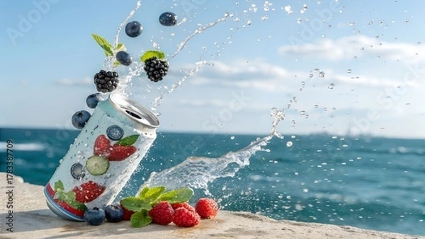 Fototapeta Fruit splash from beverage can near ocean with summer background