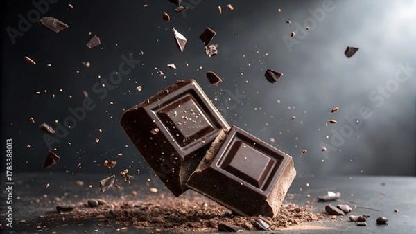 Fototapeta Chocolate break with cocoa powder explosion and flying fragments concept
