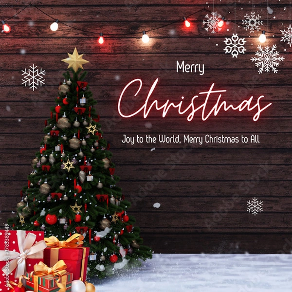 Fototapeta Christmas tree with ornaments and gifts against a wood background with snowflakes and string lights