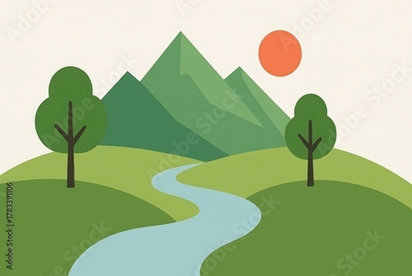 Fototapeta Minimal trees, mountains, and rivers in flat style.