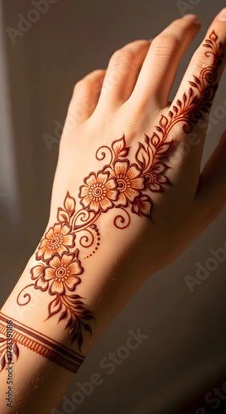 Fototapeta Close-up of a hand adorned with intricate henna designs featuring floral motifs and delicate swirls, showcasing traditional body art.