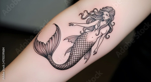 Fototapeta A detailed tattoo of a mermaid with flowing hair and a fish tail, inked on a human arm.