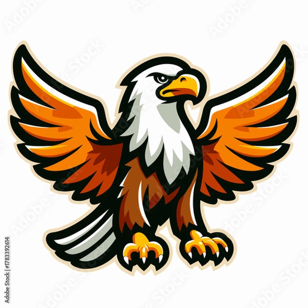 Fototapeta Eagle cartoon logo design on white background, cute mascot emblem, vector illustration of flying bird, modern animal symbol for branding and sports team identity