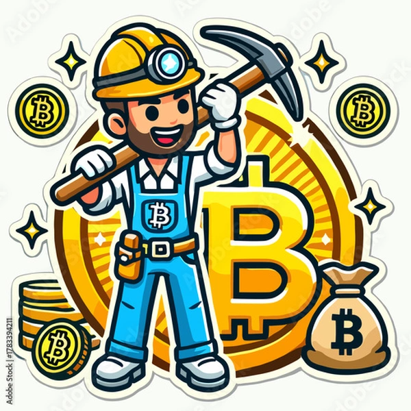 Fototapeta Guy Mines Bitcoin Logo Sticker Style on White Background – Cryptocurrency Miner Icon, BTC Mining Emblem, Digital Currency Vector Art for Crypto Enthusiasts and Blockchain Fans