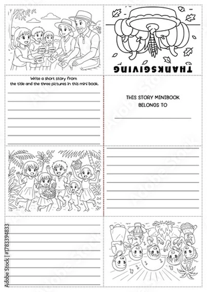 Fototapeta Creative Thanksgiving story writing minibook craft for grades 2–4! Includes fun prompts, coloring templates, and ELA writing activities. Perfect for classroom or homeschool fall projects.