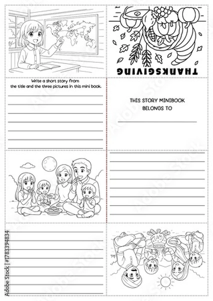 Fototapeta Creative Thanksgiving story writing minibook craft for grades 2–4! Includes fun prompts, coloring templates, and ELA writing activities. Perfect for classroom or homeschool fall projects.