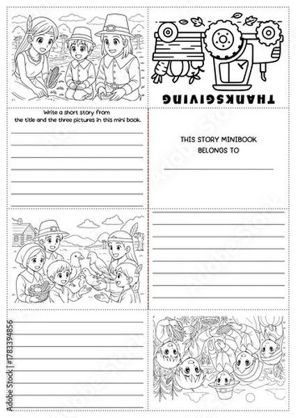 Fototapeta Creative Thanksgiving story writing minibook craft for grades 2–4! Includes fun prompts, coloring templates, and ELA writing activities. Perfect for classroom or homeschool fall projects.